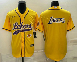 Mens Los Angeles Lakers Yellow Big Logo With Patch Cool Base Stitched Baseball Jersey->->NBA Jersey